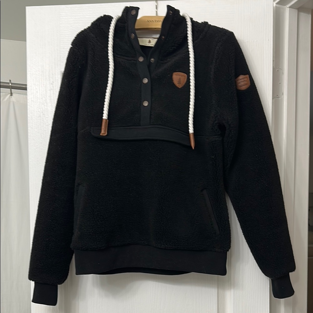 Black Fleece Hoodie with Leather Accents